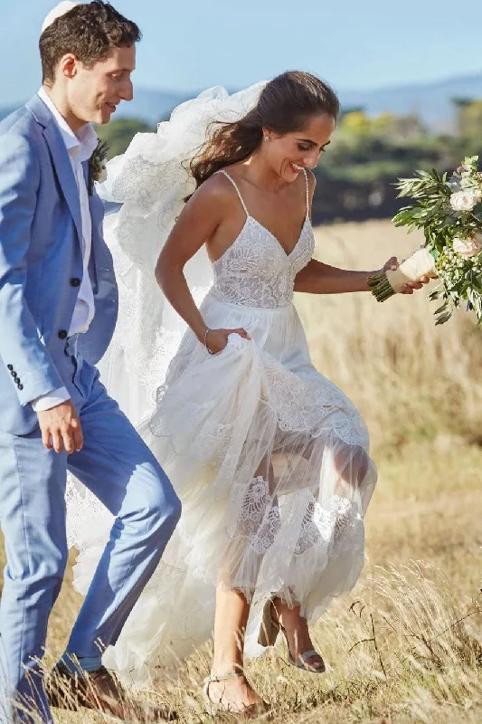 Stunning Tulle A-line Long Beach Wedding Dress Spaghett Straps Backless Boho Bridal Gowns OKY97 Stunning Tulle A-line Long Beach Wedding Dress Spaghett Straps Backless Boho Bridal Gowns OKY97