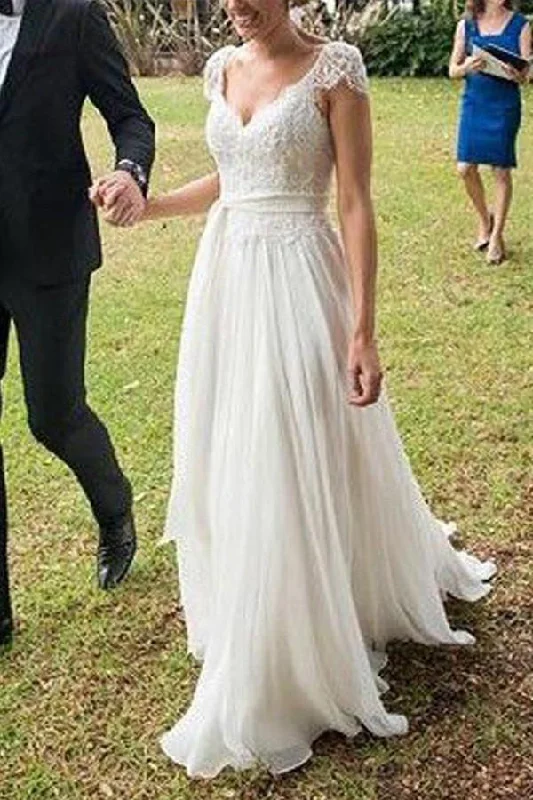 Unique Ivory Cap Sleeves Lace Top Backless Chiffon A Line Beach Wedding Dress OK381 Unique Ivory Cap Sleeves Lace Top Backless Chiffon A Line Beach Wedding Dress OK381