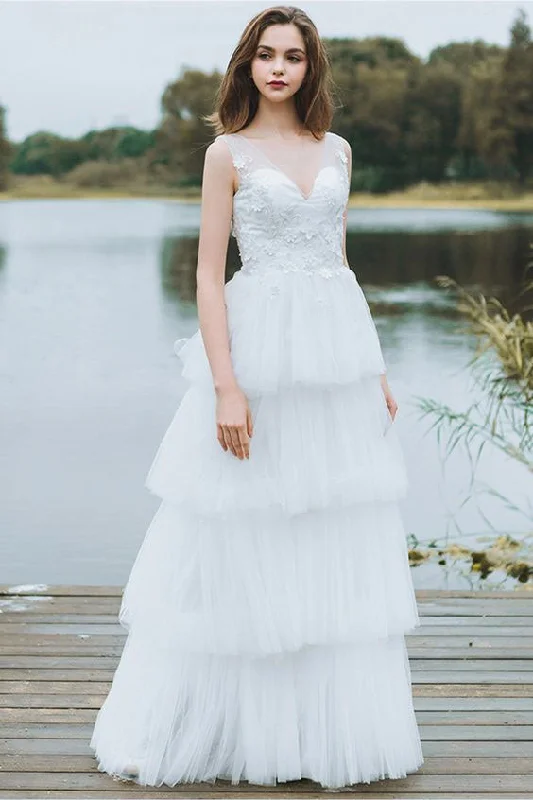 Unique Tiered Tulle Low Back V Beck Boho Beach Wedding Dresses With Lace Appliques OKG8 Unique Tiered Tulle Low Back V Beck Boho Beach Wedding Dresses With Lace Appliques OKG8